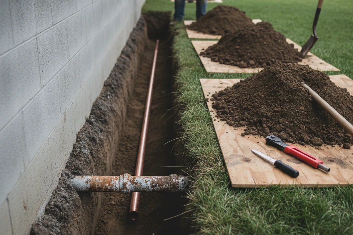 Excavated water line trench during Sewer Line Repair in Freeland